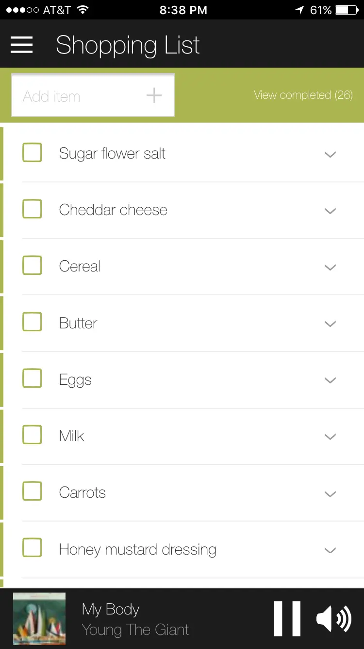 Screenshot of shopping list in the Amazon Echo application
