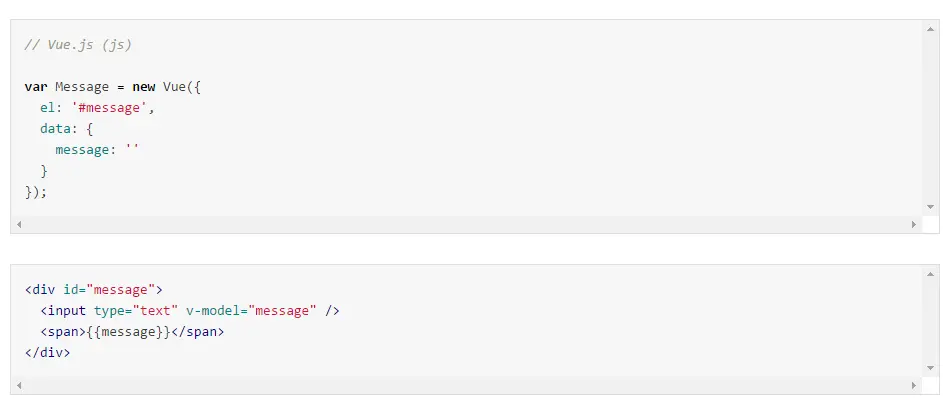 two way data binding, vue.js (Reactjs vs Vue.js)