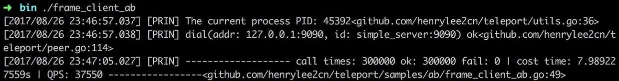 AB Testing 1: [Mac 4CPU 8GB] [single-process single-conn] teleport: QPS 37550