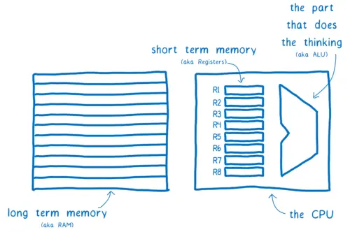 CPU with ALU (the part that does the thinking) and registers (short term memory)
