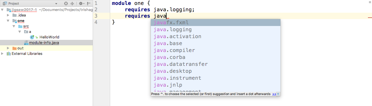Code completion in module-info.java