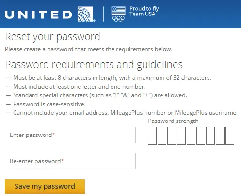 United Airlines password reset page