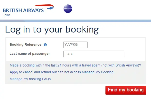 British Airways login form