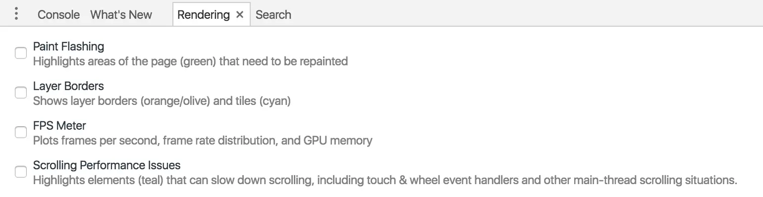 'Rendering' 面板中的可选项
