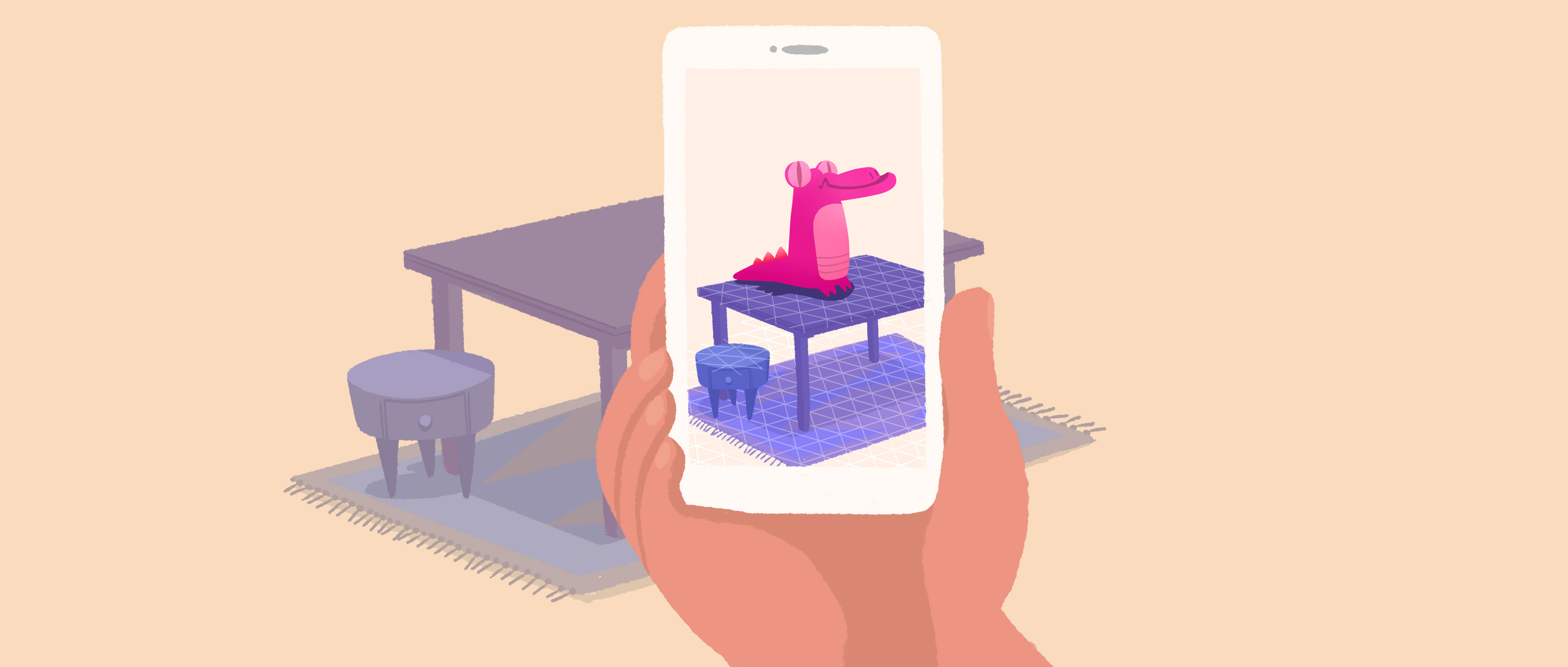 环境理解：ARCore能识别出图中的桌面、椅面、地面，开发者可以在平面上放置虚拟物体