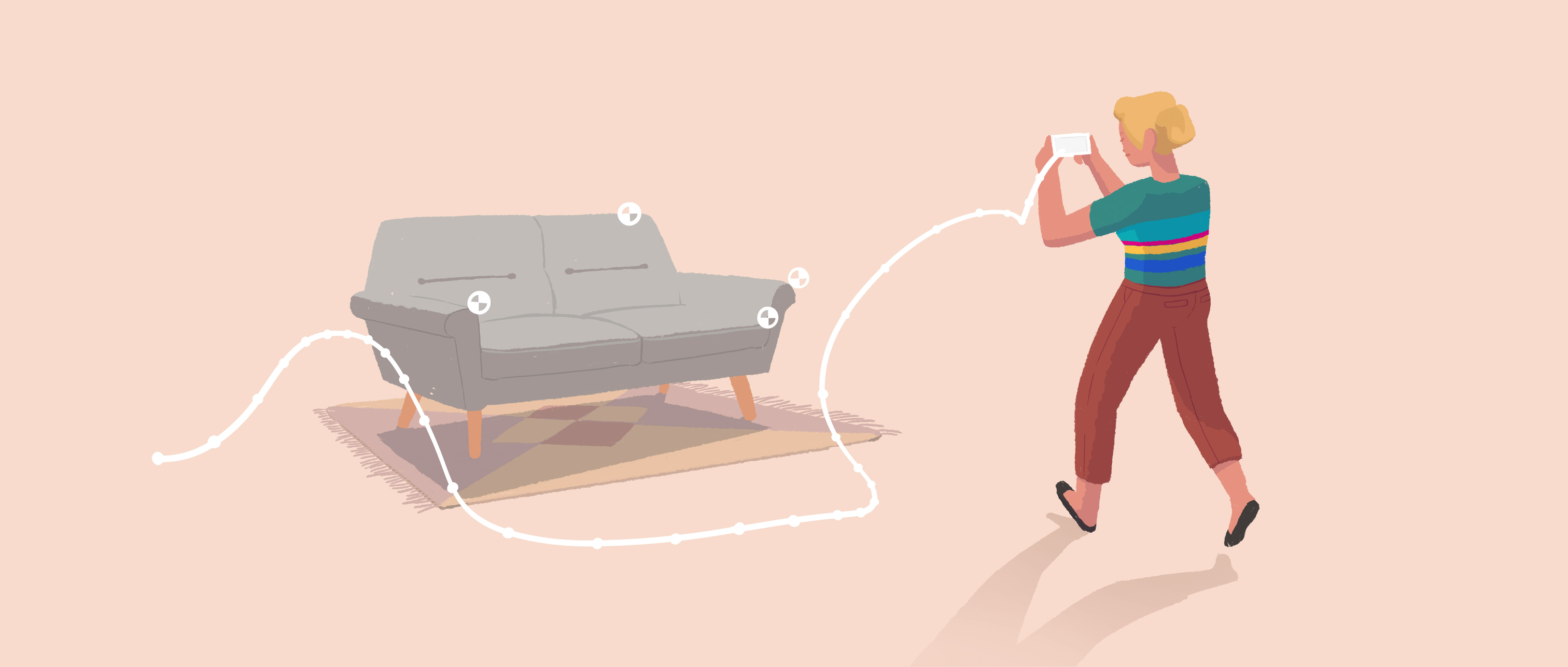 运动跟踪：弧线为设备运动轨迹，椅子上的点为ARCore测量的特征点