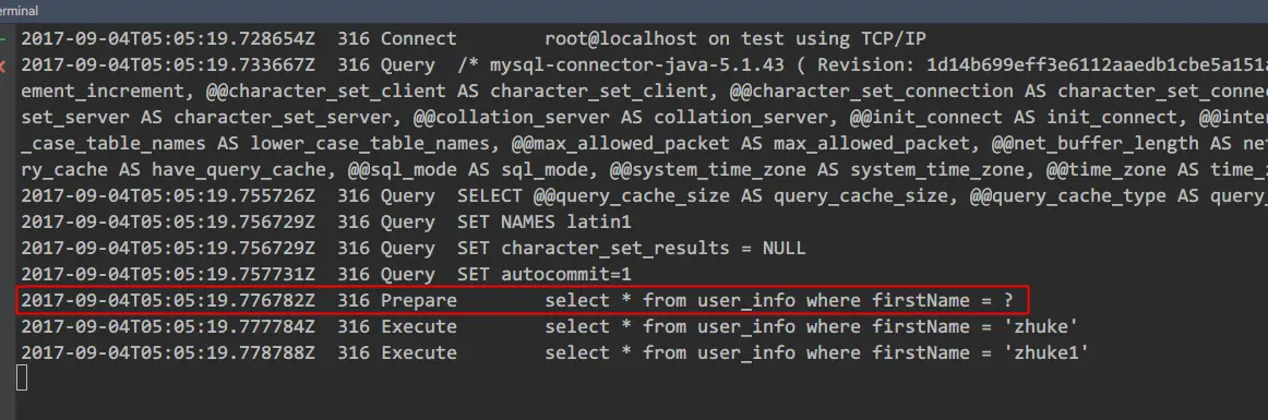 开启开启cachePrepStmts时的mysql日志