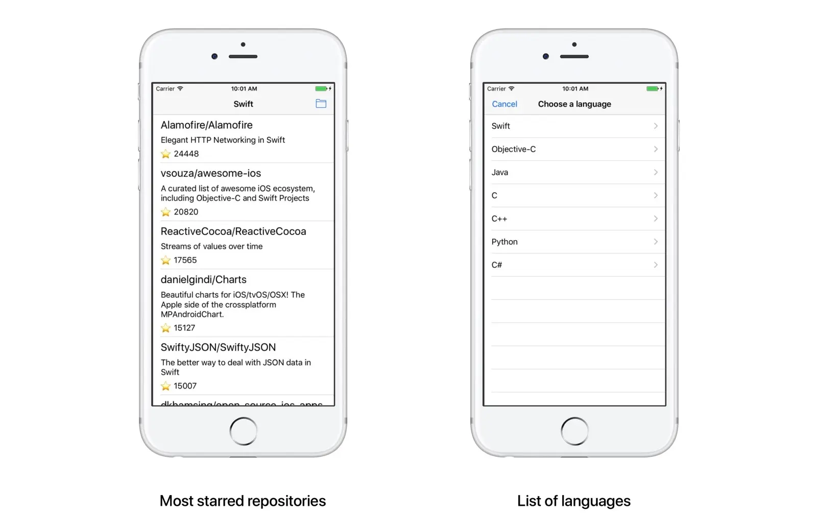Screens of the example app