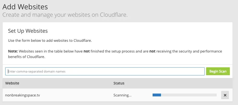 Cloudflare 的“Add Website”设置