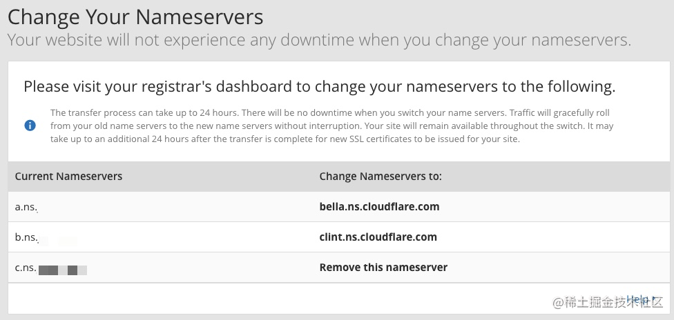 在域名注册商设置中使用 Cloudflare 提供的域名解析服务器