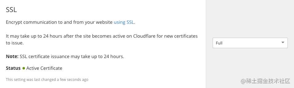 Cloudflare 的 Crypto 设置中显示 SSL 证书为激活状态