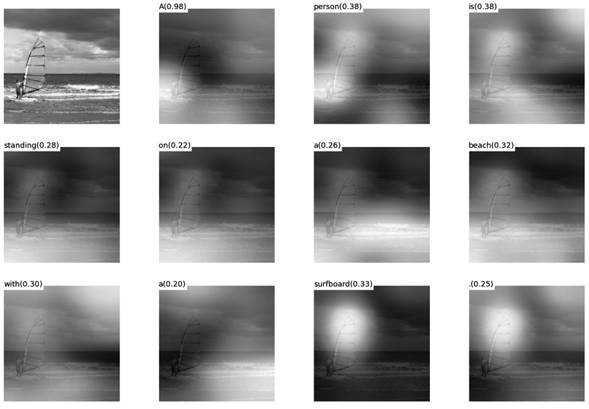 图 14 图片生成句子中每个单词时的注意力聚焦区域