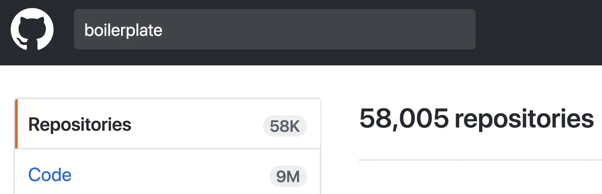 Screenshot of GitHub's search for 58K boilerplate repositories