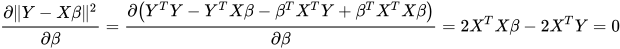 \frac{\partial \|Y-X \beta\|^2}{\partial \beta}= \frac{\partial \big( Y^T Y - Y^T X \beta - \beta^T X^T Y+\beta^T X^T X \beta \big)}{\partial \beta} = 2X^T X \beta - 2X^T Y = 0