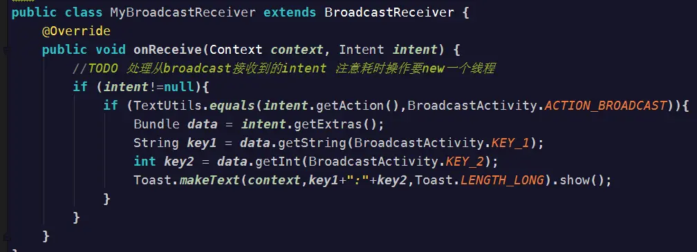 广播接收器会自动接收广播，并将intent传递到onReceive（）