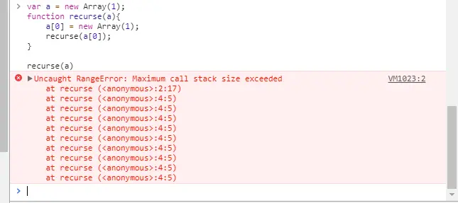 Screenshot of Uncaught RangeError: Maximum call stack