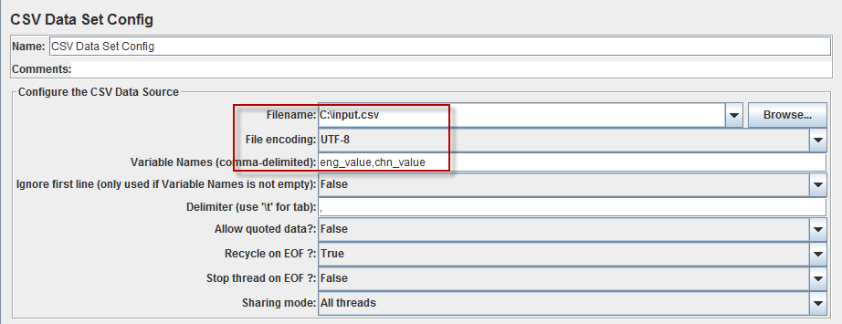 配置CSV Data Set Config