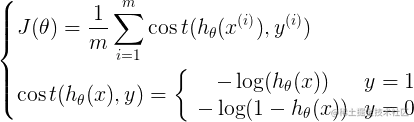 \left{ \begin{gathered} J(\theta ) = \frac{1}{m}\sum\limits_{i = 1}^m {\cos t({h_\theta }({x^{(i)}}),{y^{(i)}})}  \hfill \ \cos t({h_\theta }(x),y) = \left{ {\begin{array}{c}    { - \log ({h_\theta }(x))} \    { - \log (1 - {h_\theta }(x))}  \end{array} \begin{array}{c}    {y = 1} \    {y = 0}  \end{array} } \right. \hfill \ \end{gathered}  \right.