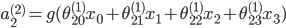 a_2^{(2)} = g(\theta _{20}^{(1)}{x_0} + \theta _{21}^{(1)}{x_1} + \theta _{22}^{(1)}{x_2} + \theta _{23}^{(1)}{x_3})