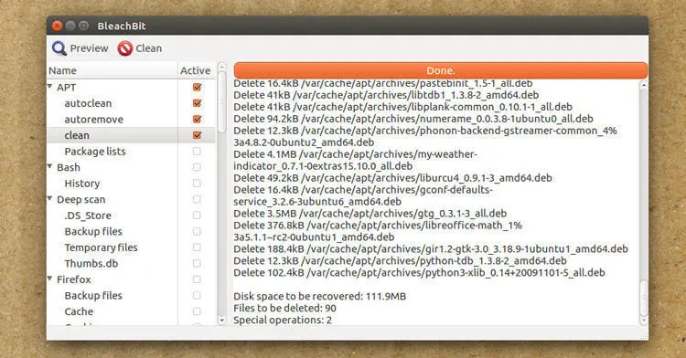 bleachbit running on ubuntu 16.04