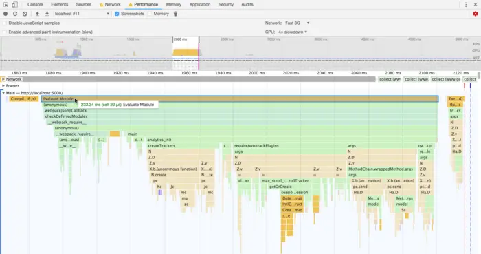 A performance trace of my site's JavaScript while loading (with network/CPU throttling enabled)