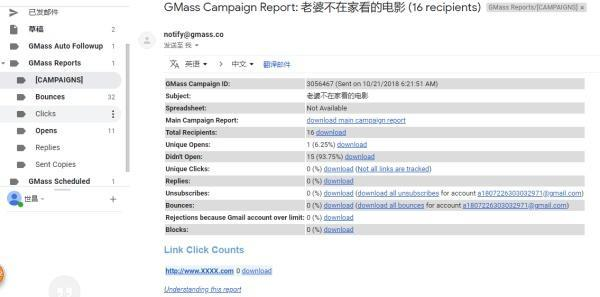 报告说明，目前有16个营销对象已经接受了邮件，1个对象已经打开了邮件，我们的网址还没有人点击访问。spreadsheet一栏写着not available，说明我们没有使用spreadsheet来作为邮件列表发送