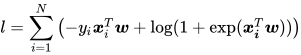 l = \sum_{i=1}^N \left(-y_i \boldsymbol{x}_i^T\boldsymbol{w} + \log(1+\exp(\boldsymbol{x_i}^T\boldsymbol{w}))\right)
