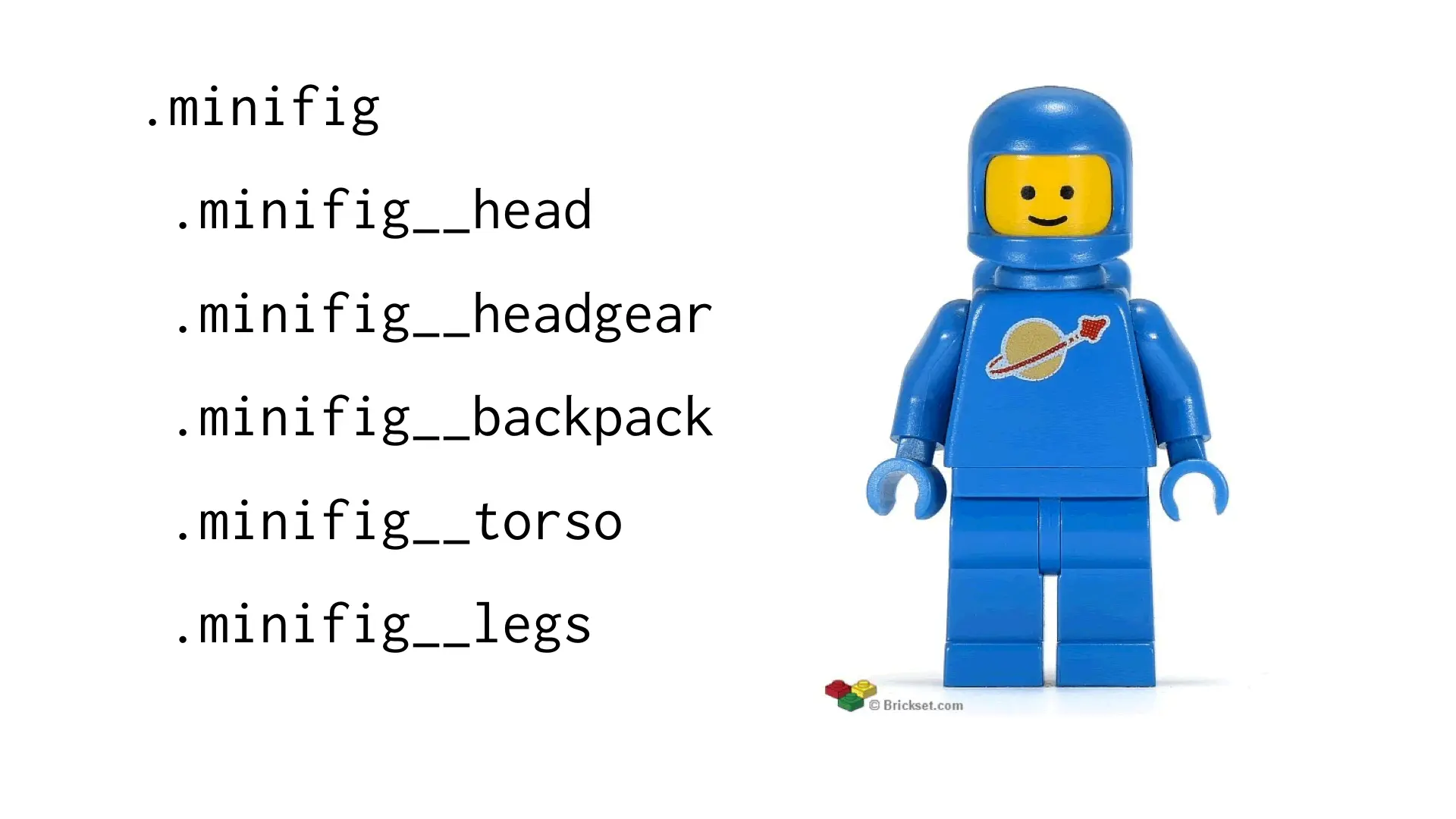 Example of .minifig module with child elements such as .minifig__head and .minifig__legs