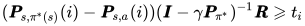 (\pmb P_{s, \pi^*(s)}(i) - \pmb P_{s,a}(i))(\pmb I - \gamma \pmb P_{\pi^*})^{-1}\pmb R \geqslant t_i