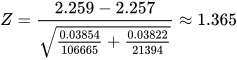 Z = \frac{2.259 - 2.257}{\sqrt{\frac{0.03854}{106665} + \frac{0.03822}{21394}}} \approx 1.365