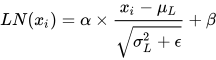 LN(x_i) = \alpha\times\frac{x_i - \mu_L}{\sqrt{\sigma_L^2 + \epsilon}} + \beta