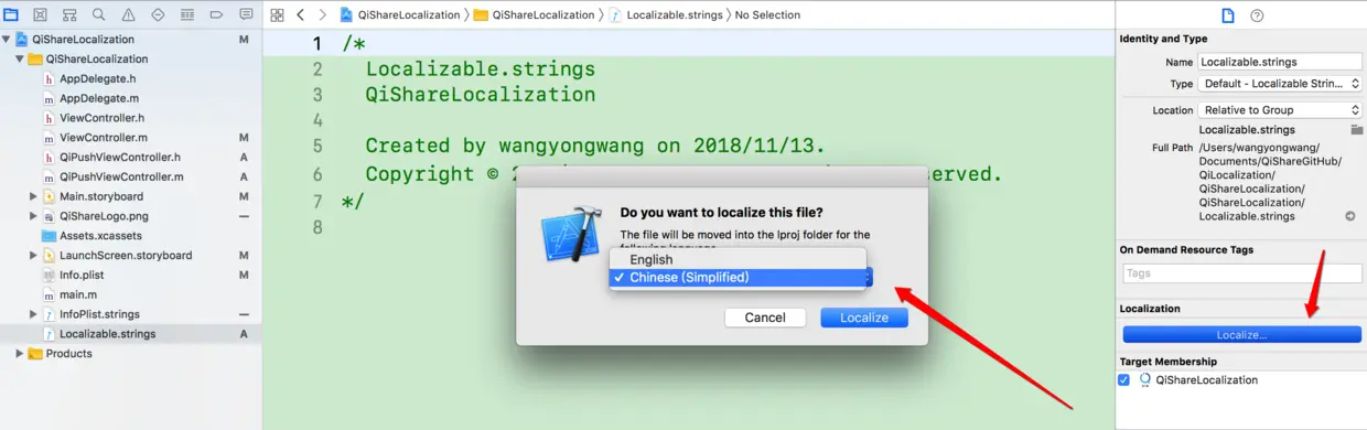 Localizable.strings添加中文简体支持