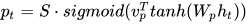 p_t = S \cdot sigmoid (v_p^T tanh(W_ph_t))