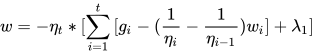w=-\eta_t*[\sum_{i=1}^{t}{[g_i-(\frac{1}{\eta_i}-\frac{1}{\eta_{i-1}})w_i]}+\lambda_1]