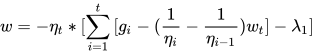 w=-\eta_t*[\sum_{i=1}^{t}{[g_i-(\frac{1}{\eta_i}-\frac{1}{\eta_{i-1}})w_t]}-\lambda_1]