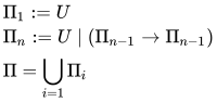 \begin{align} &\Pi_1:=U\\ &\Pi_{n}:=U\;|\;(\Pi_{n-1}\to\Pi_{n-1})\\ &\Pi=\bigcup_{i=1}^{} \Pi_{i} \end{align}
