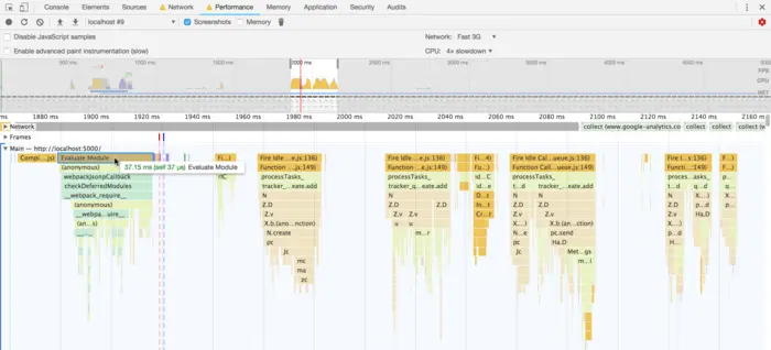 我网站的 JavaScript 性能跟踪图，上面展示了很多短任务。