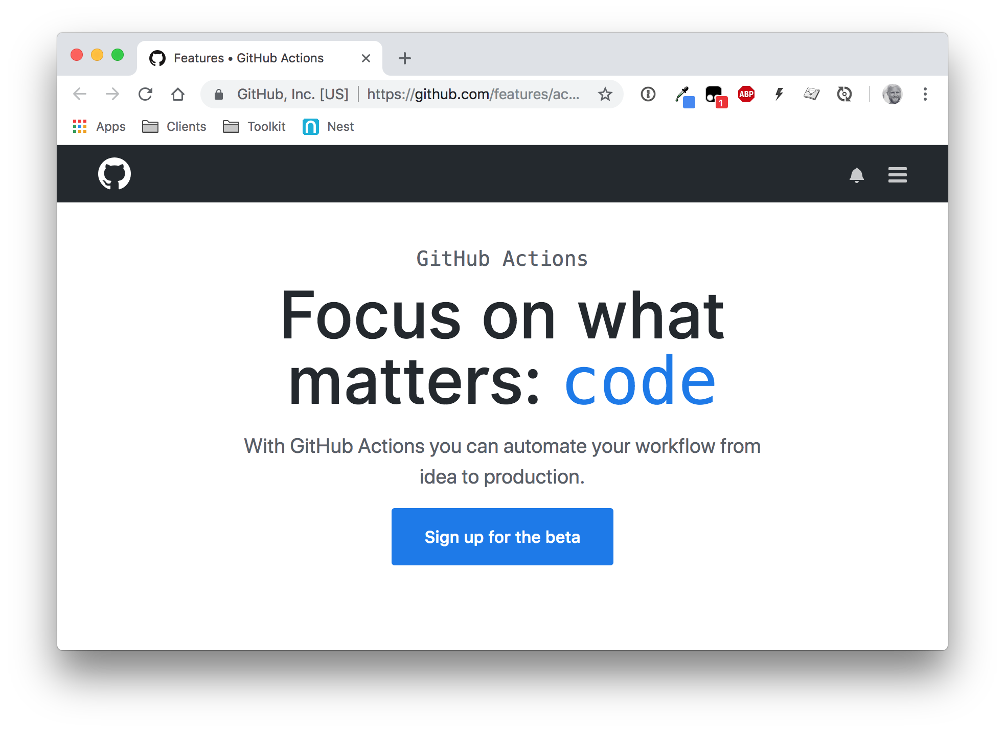 GitHub Actions beta 版站点的截图，其中有一个巨大的蓝色按钮来点击加入 beta 测试。
