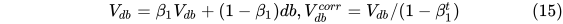 V_{db} = \beta_{1} V_{db} + (1-\beta_{1}) db, V_{db}^{corr} = V_{db} / (1-\beta_{1}^t) \tag{15}