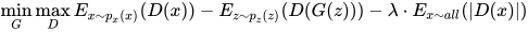 \min_{G} \max_{D} E_{x \sim p_x(x)}(D(x)) - E_{z \sim p_z(z)}(D(G(z))) - \lambda \cdot E_{x \sim {all}}(|D(x)|)