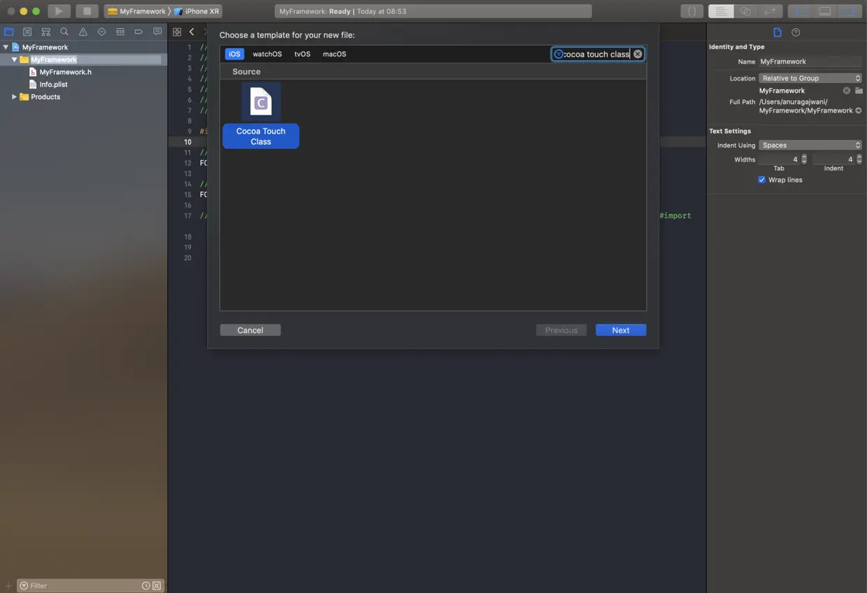 从Cocoa Touch Class模板创建一个新文件