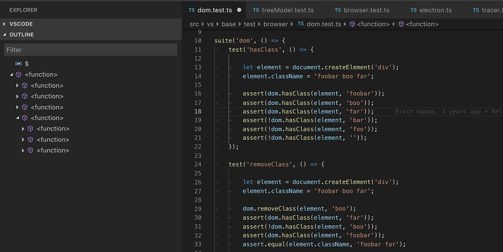 VS Code 1.29 with  entries in the Outline view