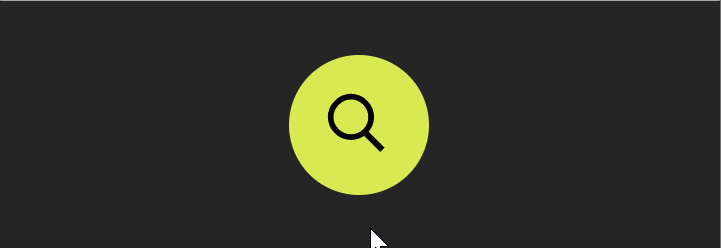 Animated gif. Shows a green button with a magnifier icon. Clicking this button makes it slide right and its background to turn red while a text search field slides out of it to the left and the magnifier morphs into a close (crossmark) icon.
