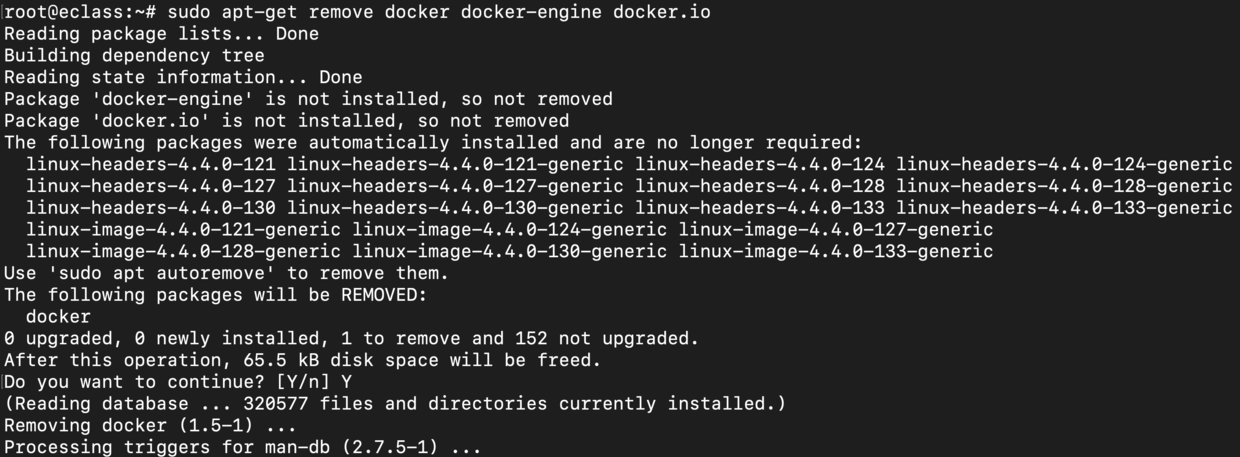 sudo apt-get remove docker docker-engine docker.io