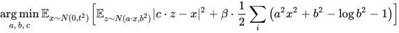 \mathop{\arg\min}_{a,\, b,\, c} \mathbb{E}_{x \sim N(0,t^2)} \Big[ \mathbb{E}_{z \sim N(a \cdot x, b^2)} \vert c \cdot z - x \vert^2 + \beta \cdot  \frac{1}{2} \sum_i \big(a^2x^2 + b^2 - \log b^2 -1 \big) \Big]