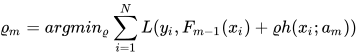 \(\varrho _{m}=argmin_{\varrho }\sum _{i=1}^{N}L(y_{i},F_{m-1}(x_{i})+\varrho h(x_{i};a_{m}))\)