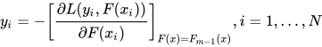 \(y_{i}=-\left [ \frac{\partial L(y_{i},F(x_{i}))}{\partial F(x_{i})} \right ]_{F(x)=F_{m-1}(x)},i=1,\dots ,N\)