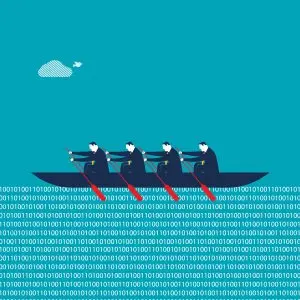 Rowing crew of business people race through a sea of data in a four person row boat
