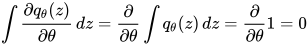 \int \frac{\partial q_\theta(z)}{\partial \theta} \, dz = \frac{\partial }{\partial \theta} \int q_\theta(z) \, dz =  \frac{\partial }{\partial \theta} 1 = 0