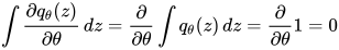 \int \frac{\partial q_\theta(z)}{\partial \theta} \, dz = \frac{\partial }{\partial \theta} \int q_\theta(z) \, dz =  \frac{\partial }{\partial \theta} 1 = 0